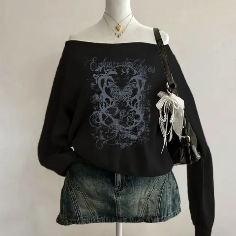 Women's Y2K Style Long Sleeve Off-Shoulder Vintage Loose Fit Graffiti Print Sweatshirt, Graphic Print Sweatshirt, Fashion Casual Sweatshirt, Womenswear, Irregular Neckline, Early Spring Everyday Casual Top