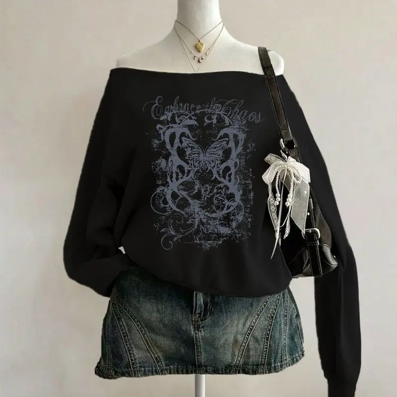 Women's Y2K Style Long Sleeve Off-Shoulder Vintage Loose Fit Graffiti Print Sweatshirt, Graphic Print Sweatshirt, Fashion Casual Sweatshirt, Womenswear, Irregular Neckline, Early Spring Everyday Casual Top