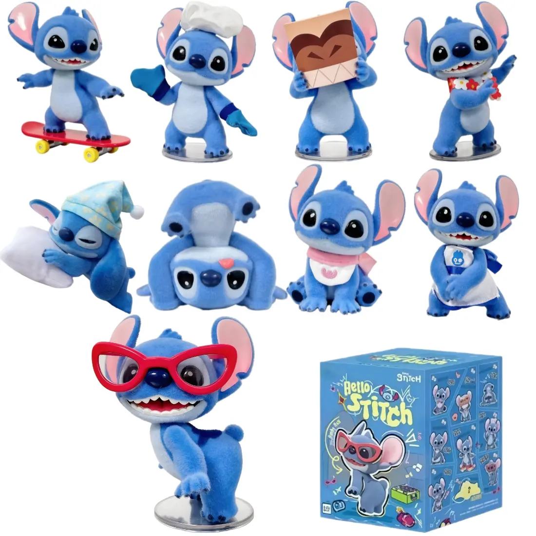 MINISO Disney Hello Stitch Premium Quality Materials Blind Box Figurine - Velvet Flocked Finish, Sturdy Display Base, Collectible Mystery Toy, Stitch Fan Surprise Unboxing Gift, Shelf Display Desk Decor (Random 1pc), Display On Shelf