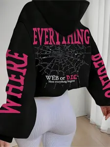 Women's Casual Spider Web Letter Print Hoodie, Fall & Winter Fashion, Long Sleeve, Pockets, Street Style, Versatile and Trendy