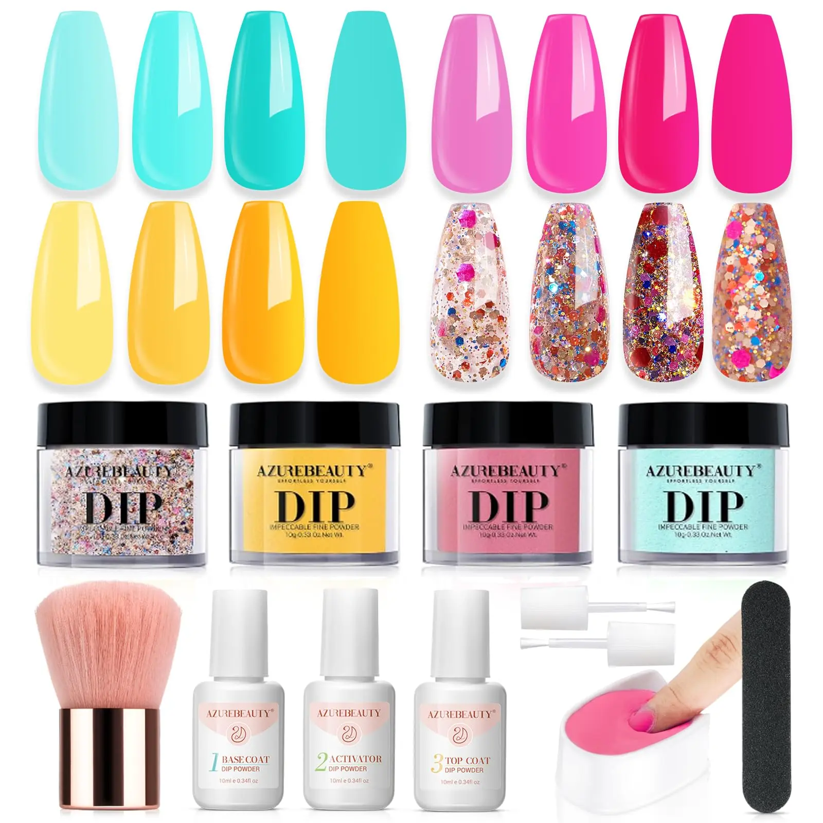 AZUREBEAUTY Nail Care Dip Powder Nail Kit Starter - 4 Colors (Pink, Yellow, Blue, Glitter) Dipping Powder Liquid Set with Recycling Tray, Base Coat, Top Coat & Activator for DIY Manicure at Home, Dip Powder Nails