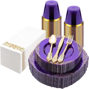 175 count Clear Purple Plastic Plates for 25 Guests, Disposable Plates with Gold Trim include 25 Dinner Plates, 25 Dessert Plates, 75 Gold Silverware, 25 Cups, 25 Napkins for Party, Easter