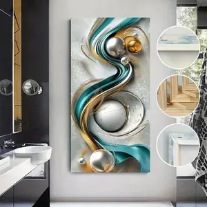 1pc Framed Blue Tones Abstract Canvas Art - 3D Wall Painting with Golden & Teal Swirls, Modern Digital Print for Living Room, Bedroom, Office Decor, Aesthetic Gift Idea, Office Wall Art | Abstract Canvas Art | Textured Canvas, Framed Canvas Wall Ar