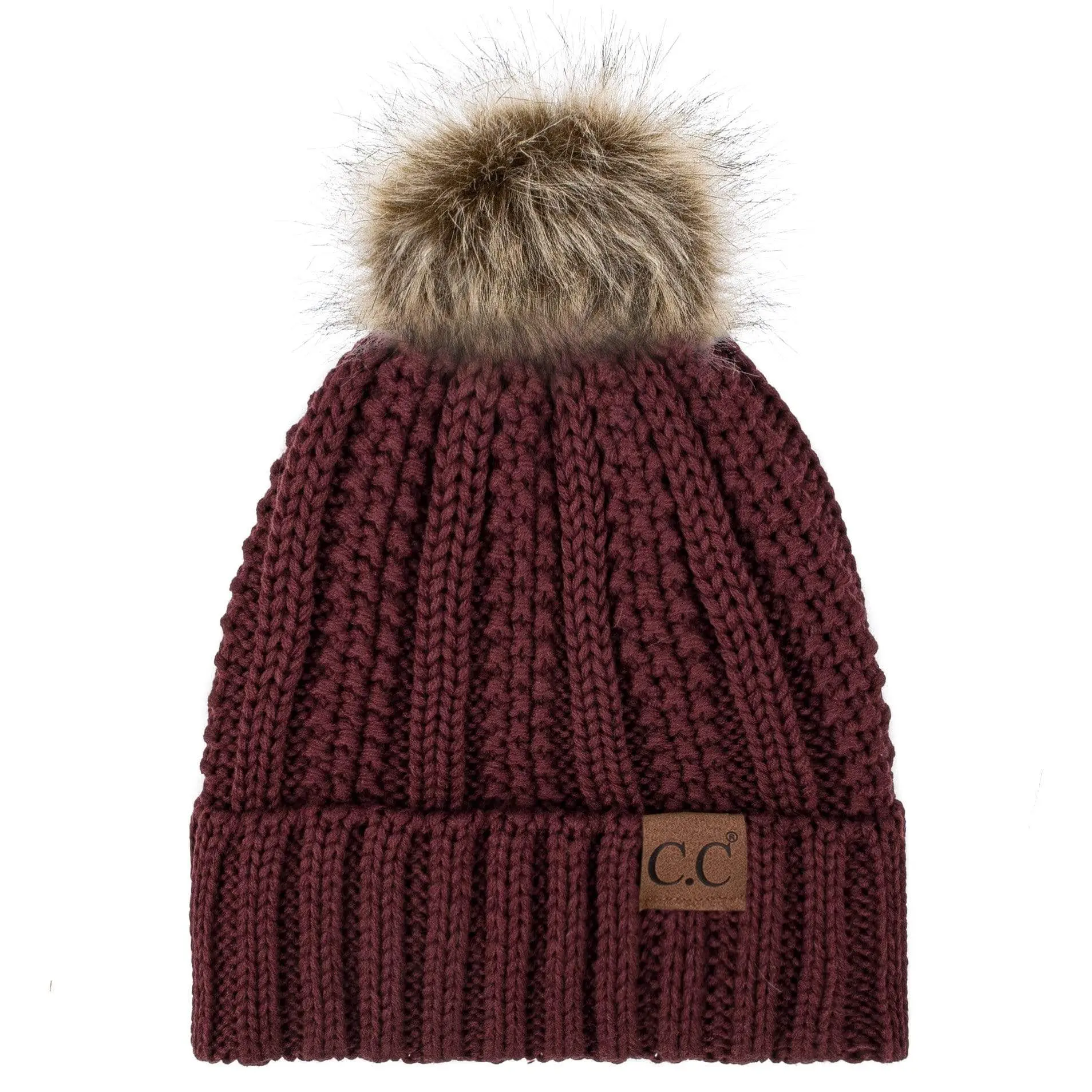 Cozy Cable Knit Beanie with Faux Fur Pom, Fleece Lined, Unisex Winter Hat Thick Cable Knit Beanie with Faux Fur Pom Pom Fleece Lined  main image 4