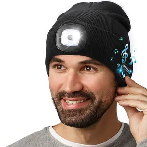 Bluetooth Beanie with a Light, Unisex USB Rechargeable 4 LED Flashlight Hat with Cordless Headphones, Unique Christmas Birthday Gifts for Men Him Husband Teen
