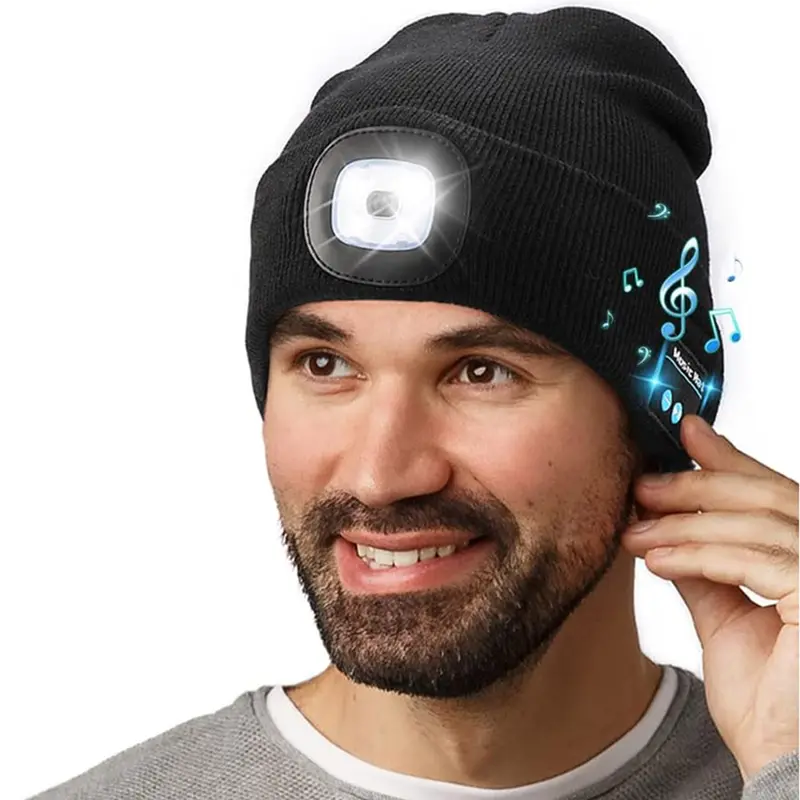 Bluetooth Beanie with a Light, Unisex USB Rechargeable 4 LED Flashlight Hat with Cordless Headphones, Unique Christmas Birthday Gifts for Men Him Husband Teen