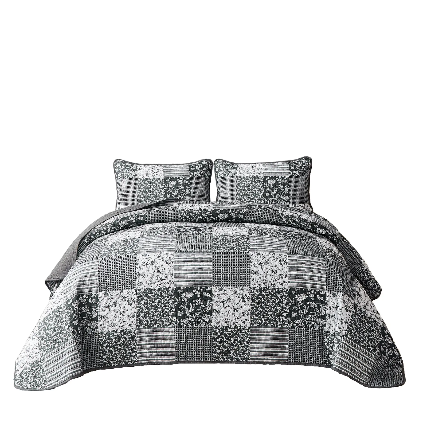 Black Grey Quilt Set Queen King Size, Paisley Patchwork Plaid Bedspread Bedding Sets Boho Checked Soft Microfiber Coverlet Set 3 Pieces for All Season