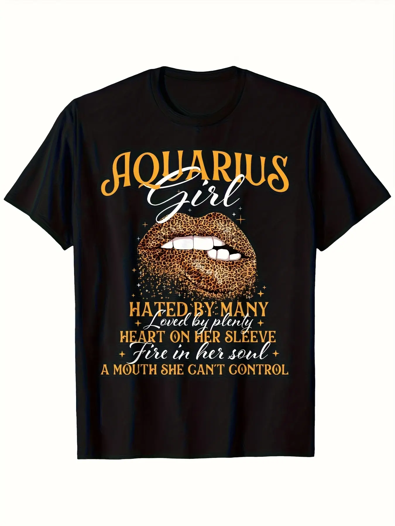 Casual Style Aquarius Zodiac Sign Birthday T-Shirt |   , Round Neck, Glittery Lip Graphic, Bold Aquarius Girl Print, Short Sleeve, Stretch Fit, Sizes S-XXXL, Perfect for Men and Women, All-season Wear