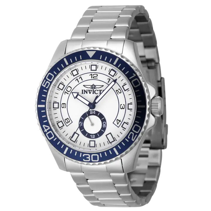 Invicta Men's Pro Diver Analog Watch, 44mm Nautical Style Alloy Steel Case with Round Face, White Sunray Dial, Blue Bezel and 24-Hour Sub-Dial, Water Resistant, Stainless Steel, Daily Wear, 3 Years, Dual Rings, Band, Dual-Ring Nums, Quartz