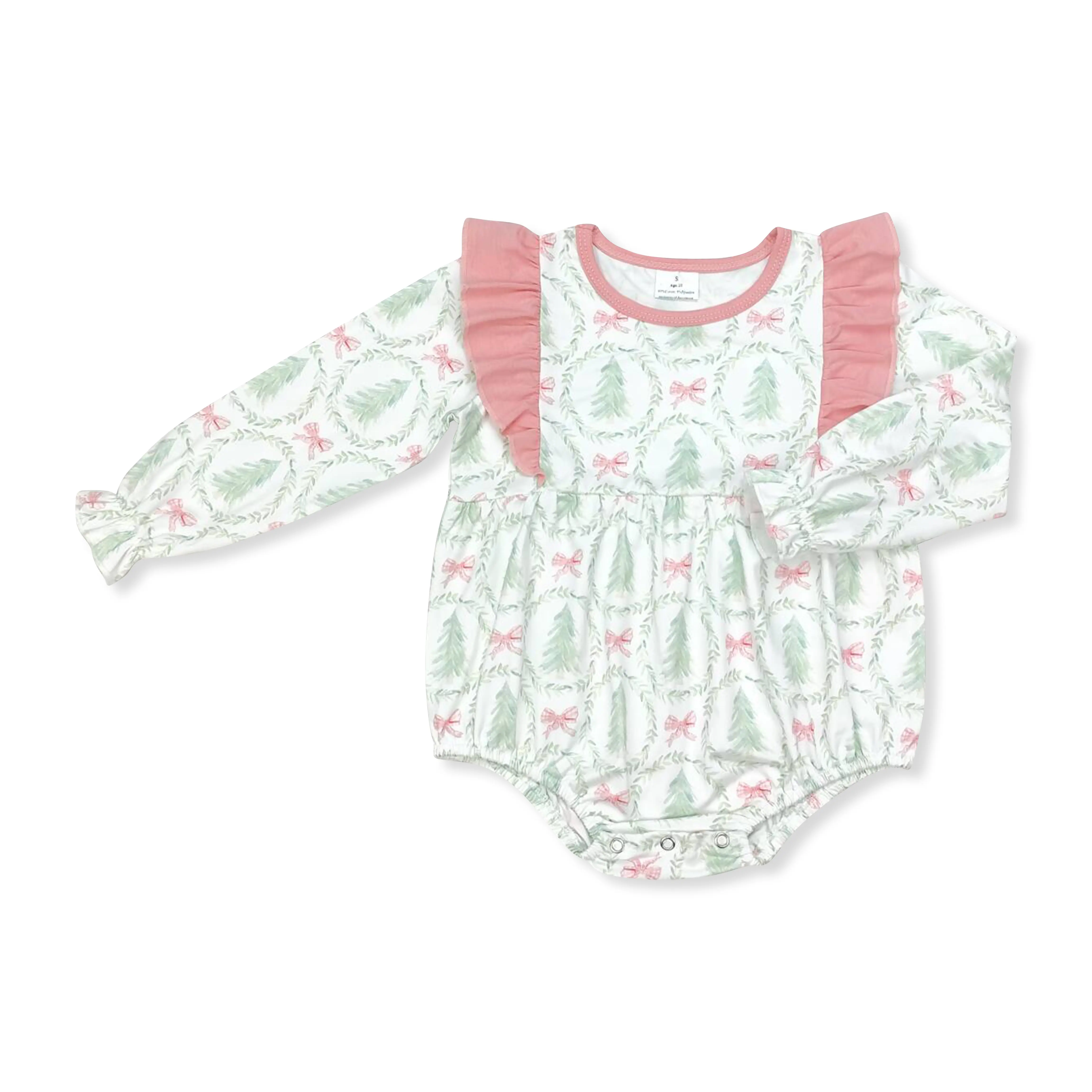 Christmas Tree Print Onesie Bodysuit for Baby Girls, Soft Ribbed Long Sleeve Infant Outfit with Ruffle Shoulder and Headband