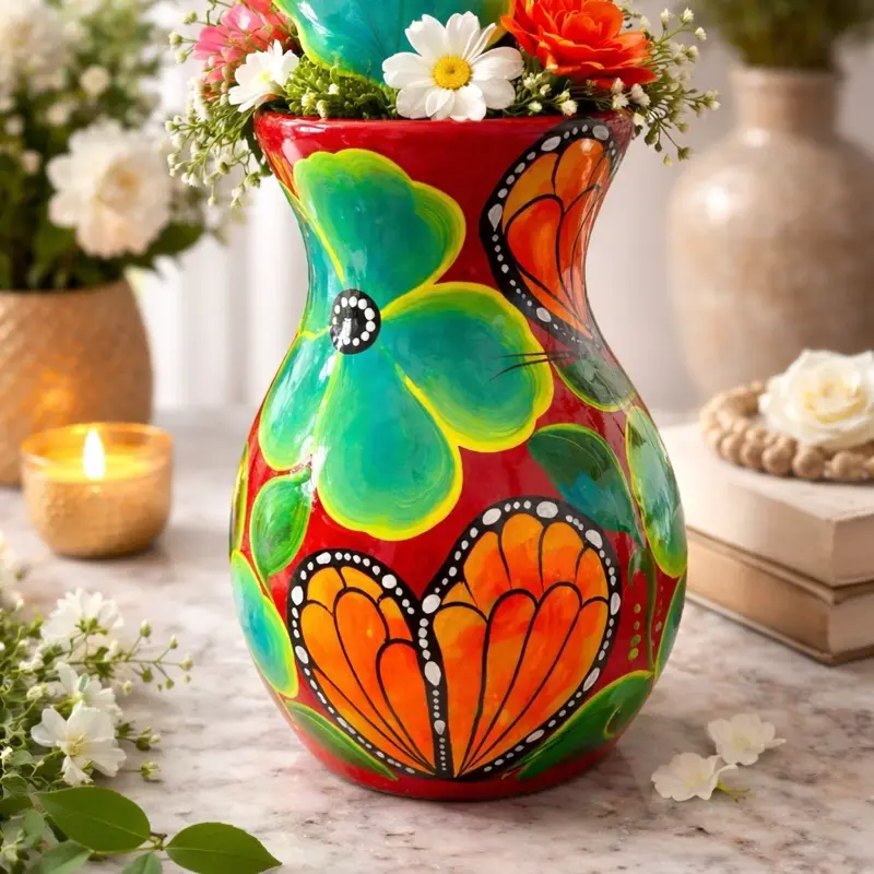 Butterfly & Flower Print Vase - Vibrant Red Base with Green & Orange Floral & Butterfly Design for Home Decor
