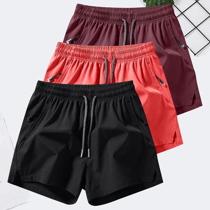 Men's Solid Color Casual Shorts Three-Piece Set, With Zipper Pockets, Summer Fashion Drawstring Sports Shorts, Suitable For Gym And Outdoor Wear Men's Solid Color Casual Shorts Three-Piece Set, With Zipper Pockets, Summer Fashion Drawstring Sports Shorts, Suitable For Gym And Outdoor Wear