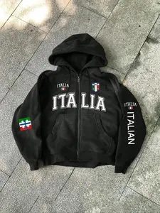 Italian Vintage Italia Badge Zip Hoodie Sweatshirts, Casual Hooded Sweatshirt, Bottom Graphic, Loose Oversize Fit, Long Sleeve Casual Fall & Winter Streetwear