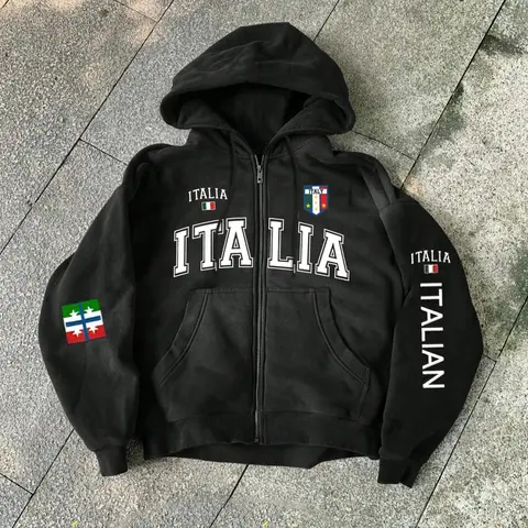 Italian Vintage Italia Badge Zip Hoodie Sweatshirts, Casual Hooded Sweatshirt, Bottom Graphic, Loose Oversize Fit, Long Sleeve Casual Fall & Winter Streetwear, Fashion Hoodies