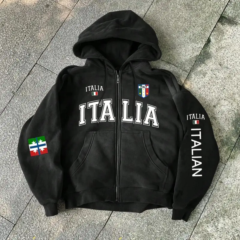 Italian Vintage Italia Badge Zip Hoodie Sweatshirts, Casual Hooded Sweatshirt, Bottom Graphic, Loose Oversize Fit, Long Sleeve Casual Fall & Winter Streetwear, Fashion Hoodies