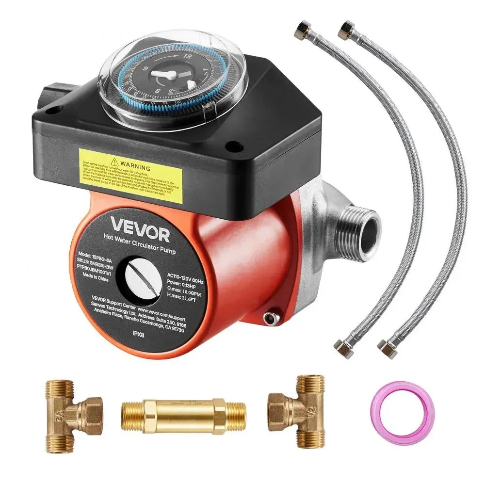 【Summerfinds】VEVOR Hot Water Recirculating Pump,  , with Bypass Valve, Instant Recirculation Pump Kit with Timer, Adapter, Circulation Circulator System, Stainless Steel Head, 0.13 HP 110-120V, for Tank Water Heaters