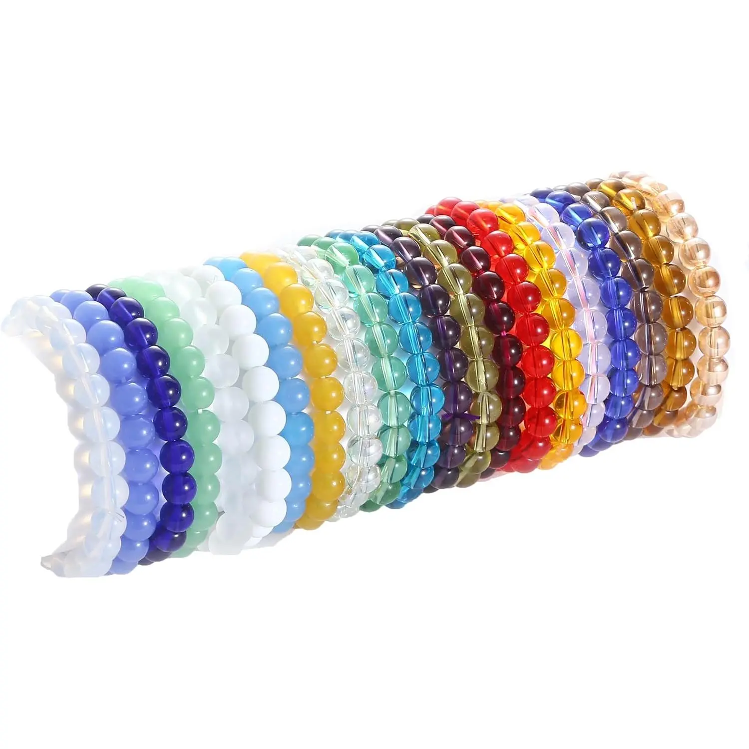 21Pcs 8mm Colorful Glass Beaded Bracelets for Women Men, Stretch Round Bead Bracelet Set, Stackable Multicolor Fashion Jewelry