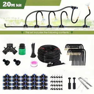 20m DIY Free Bending Universal Sprayer Kit, 8mm Hose, Water Divider Valve, Patio Misting Cooling System, Garden Plant Fogging Watering Irrigation, Garden Watering Sprinkler