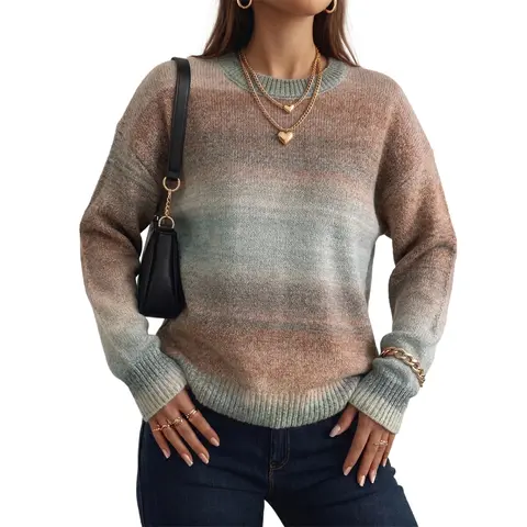 Dokotoo Women's Gradient Ombre Sweater, Soft Knit Long Sleeve Pullover Top, Crewneck Color Block Loose Fit Cozy Fall Winter Casual Outfit Knitwear Womenswear