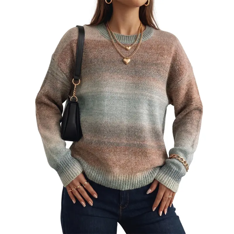 Dokotoo Women's Gradient Ombre Sweater, Soft Knit Long Sleeve Pullover Top, Crewneck Color Block Loose Fit Cozy Fall Winter Casual Outfit Knitwear Womenswear