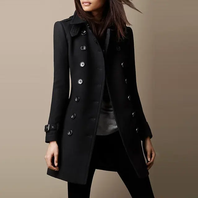 Women's Double-Breasted Wool-Blend Overcoat | Notch Lapel Belted Cuff Mid-Length Coat