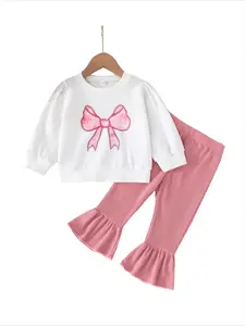 Infant Girl Casual Fall Set, Long Sleeve Bow Print Top & Ribbed Flare Pants with Ruffle Cuffs, Comfort Fit, Cute Style