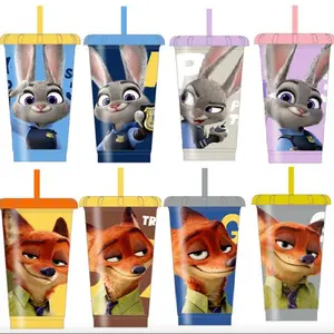 Disney Zootopia Series Nick & Judy Plastic Straw Cup 4 Piece Set 520ML/17.58 oz Reusable Drinkware for Daily Use Water Bottles & Holiday Gift