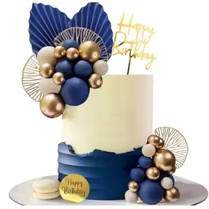 28-Piece Bohemian Cake Decoration Set, Gold Blue Ball Decorations, Palm Leaf Fan Shape, Wedding Birthday Party Supplies