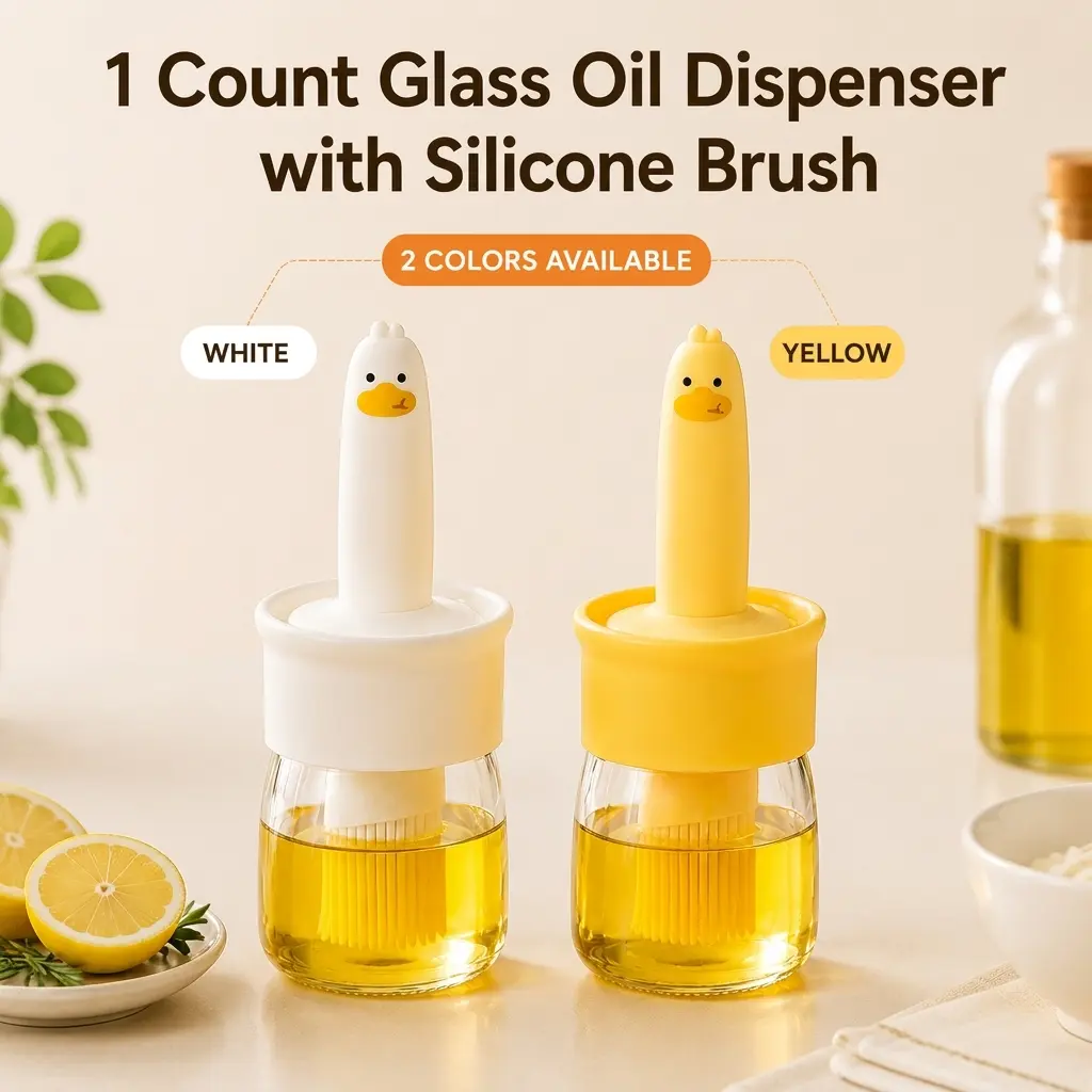 1 Count, Cute Duck Shaped Silicone Oil Brush with Transparent Glass Oil Storage Bottle for Kitchen Cooking Baking Barbecue