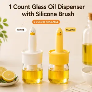 1 Count, Cute Duck Shaped Silicone Oil Brush with Transparent Glass Oil Storage Bottle for Kitchen Cooking Baking Barbecue