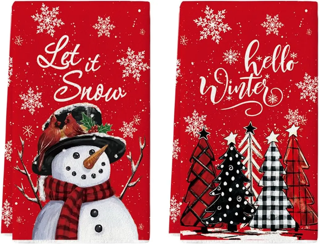 2PCS Red Snowman Let It Snow Xmas Trees Hello Winter Kitchen Towels Dish Towels, 18x26 Inch Daily Seasonal Christmas Decoration Hand Towels
