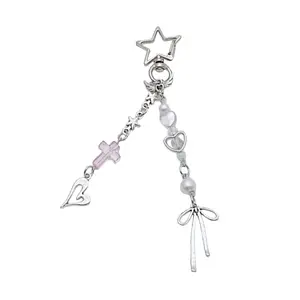 Trendy Inspired Beaded Keyring with Crosses Wing and Heart Charm  Adornment