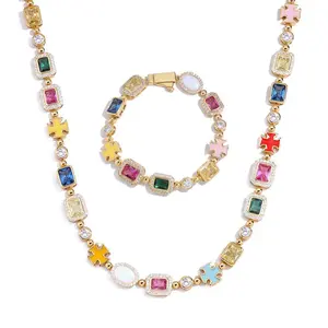 [ICE HUE]Set 2pcs 18K Gold Vacuum Plated Copper with 5A+ Sri Lanka Colorful Zircon Dopamine Necklace & Bracelet Miami Italy Mexico & Micro Inspired for Women & Men Luxury Jewelry,Daily Wear,Casual Fashion,Gift Idea,,Classic,Hip Hop,Simple,Sporty Style