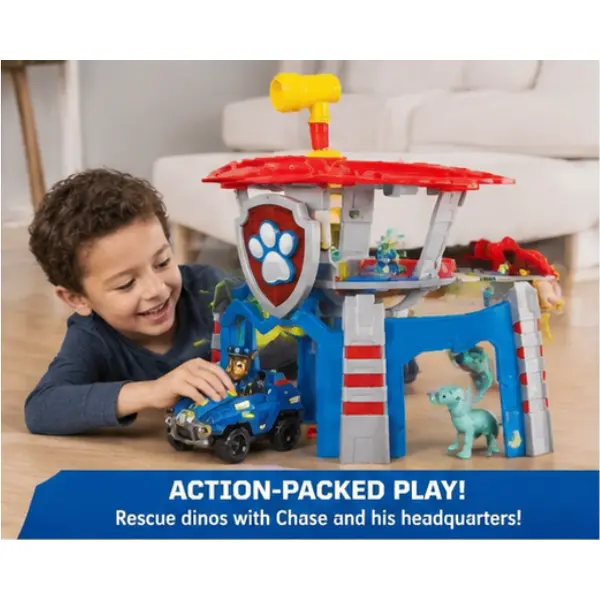Paw Patrol Chase Dino Headquarters Playset with Vehicle & Rescue Features, Imaginative Kids Toy, Sounds, Batteries, Indoor