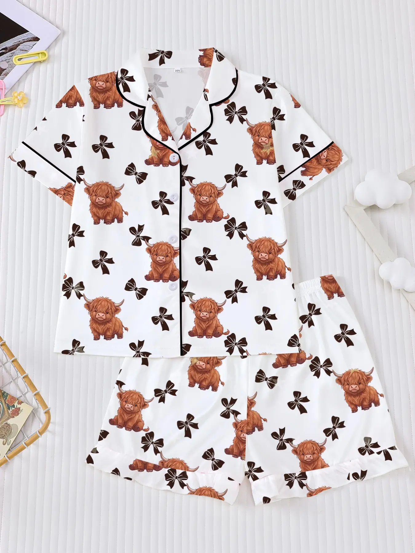 Girls' Summer Pajama Set, Cartoon Bow Print, Short Sleeve, Breathable, Casual Home Wear, Kids' Daily & Party, H-Type Silhouette, Summer Sleepwear Set, Cartoon Pattern Pajamas, Pajama Outfit, Pyjamas Set