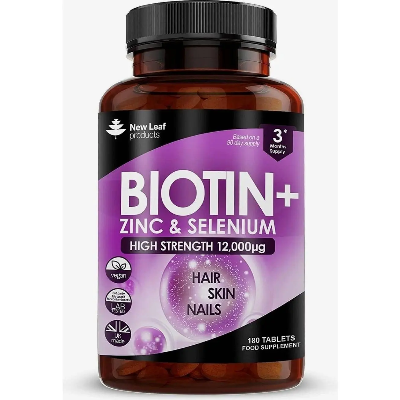 Biotin Hair Growth Vitamins 12000mcg High Strength with Coconut Oil - Promotes Healthy Hair Skin & Nails - Biotin Vitamins for Women& Men Vegan, Gluten Free Supplements - Made in The UK by New Leaf