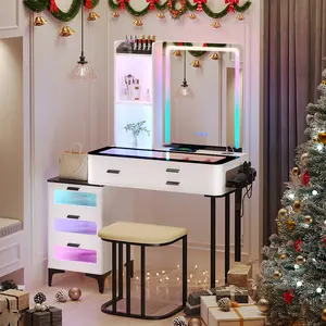 MIUVanity with Mirror and LED Lights, Glass Top Vanity Desk with Charging Station(Wireless+USB+Type-C), RGB Makeup Table Set with Stool/Makeup Organizer/6 Drawers