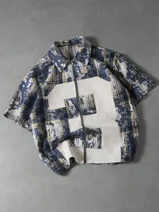 Men's young street style, ins style distressed plaid fabric shirts, short-sleeved box zipper placket shirts, classic plaid, Vintage, minimalist, street trends, outdoor, theme parties, holiday gifts