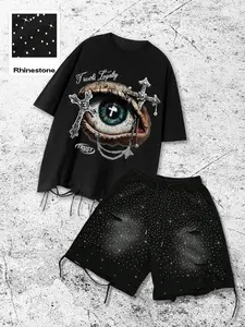 This men's matching two-piece set includes a casual T-shirt with a cross, letter, and eye print, and shorts adorned with rhinestones and distressed details, creating a stylish streetwear look suitable for all seasons Outfit