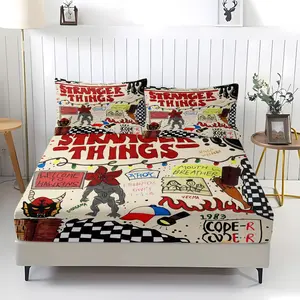 A hand drawn graffiti style collage printed bedsheet with "Stranger Things" theme, including 1 bed sheet and 2 pillowcases, non slip dust cover, suitable for bedrooms, guest rooms, personal use or gift giving, Decorative bedsheet sets