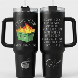 Funny Dumpster Fire Tumbler 40oz With Handle & Straw, “It’s Fine I’m Fine Everything Is Fine” Humor Insulated Travel Mug Gift