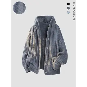Men's Fall Winter Vintage Hooded Knit Cardigan, Textured Ribbed Design, Large Pocket, Multiple Colors, Casual Fitted Style