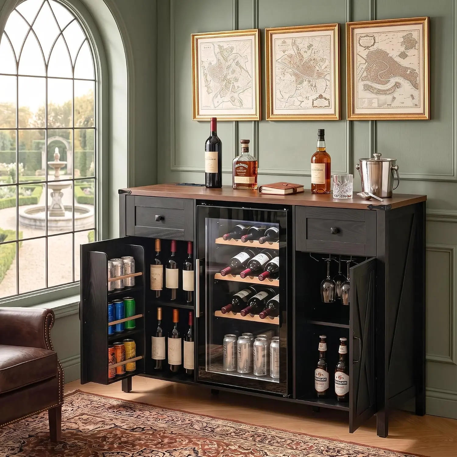 53.2" Farmhouse Fridge Cabinet with Power Outlet, Fluted Coffee Bar Sideboard, Freestanding Mini Fridge Wine Cabinet with 2 Doors & 2 Drawers, Metal Wine Glass Holder for Kitchen Living Room，Black