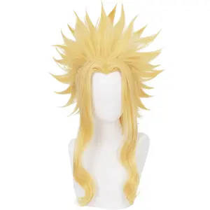 Anime Game Golden Yellow Wig Men Short Straight Wigs flipped up Hair Long Sideburns Adult Women ALL Might in Halloween,Christmas,Carnivals,Party
