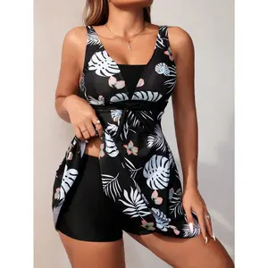 Women Swimwear Tankini Set Two Piece Bathing Suit Modest Swim Skirt Halter Neck Top Ruched Floral Print Tummy Control New Summer Beach Vacation Outfits