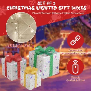 3 Piece Christmas Light Gift Box Set with Remote Control, Festive Ribbon Decorations, Indoor Outdoor Use, Warm Glowing Lights
