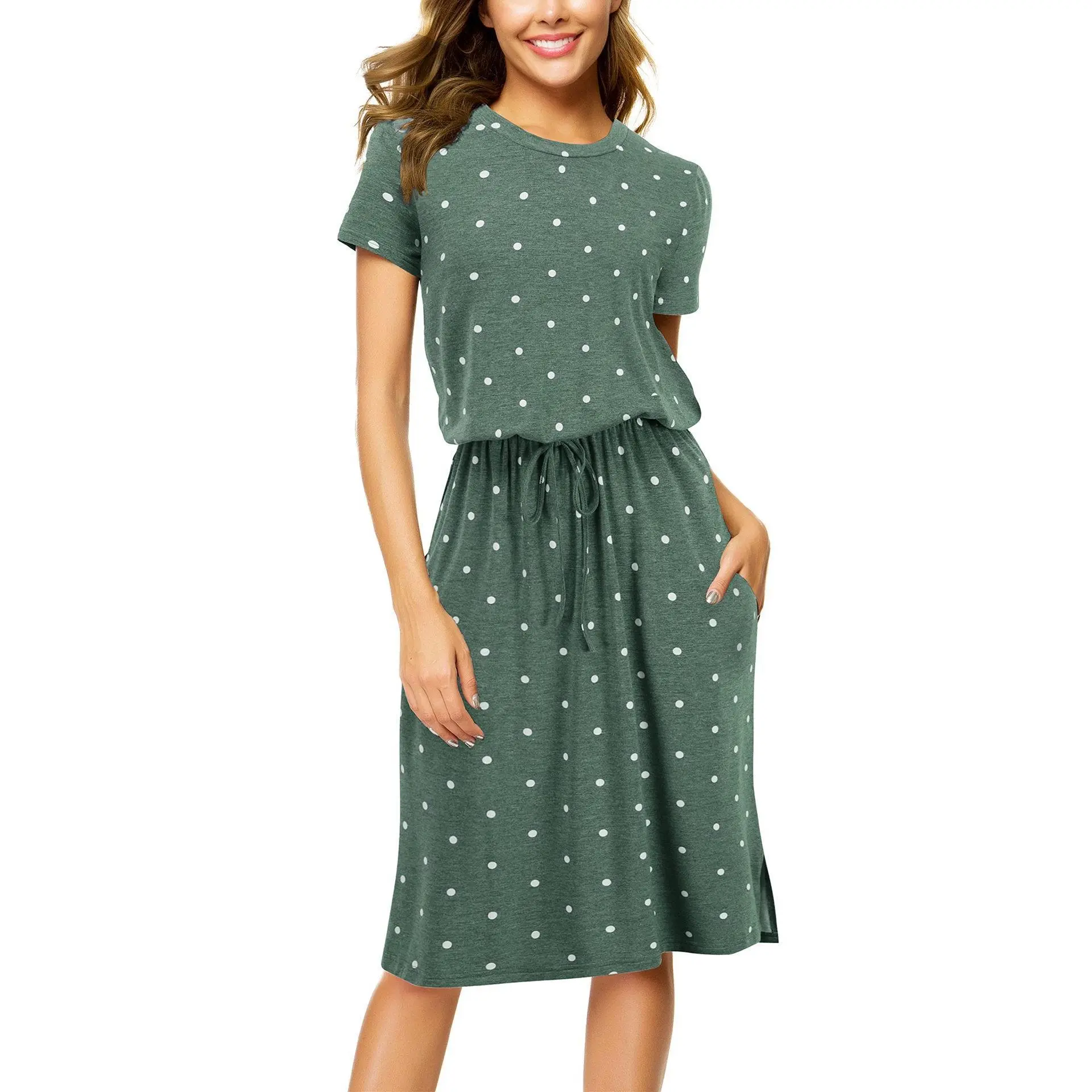 2024 Womens Hide Belly Work Casual Midi Blouson Dress with Pockets