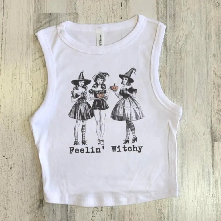 Witch Crop tank, Retro Halloween Crop Tank, Trick or Treat Baby Tee, Ghost Hocus Broomstick Top, Halloween Crop Top, Gift for Her, Halloween Party