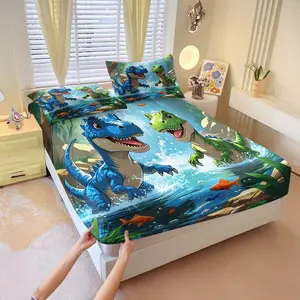 3Pcs Cheerful Dinosaur Printed Fitted Sheet Set, Fun Cartoon Bedding Set for Kids, Perfect for Playful Bedroom Decor and Imaginative Adventures, Includes 2 Pillowcases, No Pillow Core