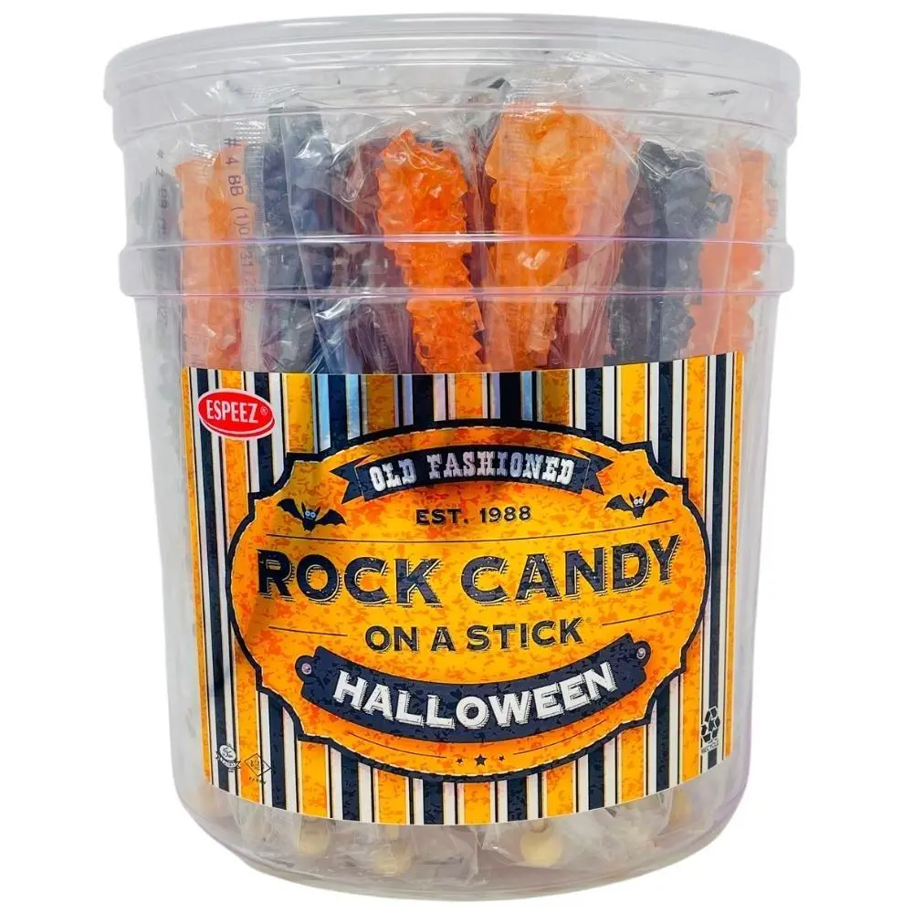 Espeez Halloween Rock Candy On a Stick Jar 36 ct 6.5 " Black Orange